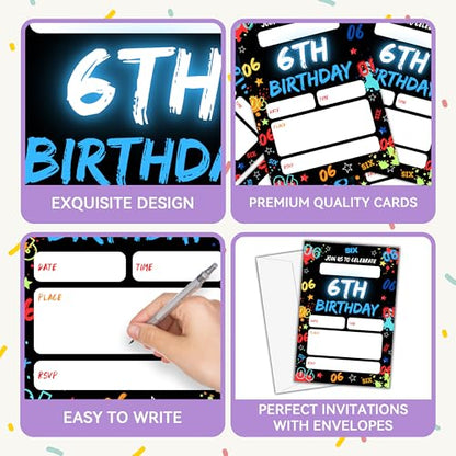Birthday Invitations for Boys- Glow Neon 6th Bday Invites with Envelopes (25-Count) - Digital Number Party Invite Cards for Party Supplies Favors Decorations-H01 - style: Neon 6th