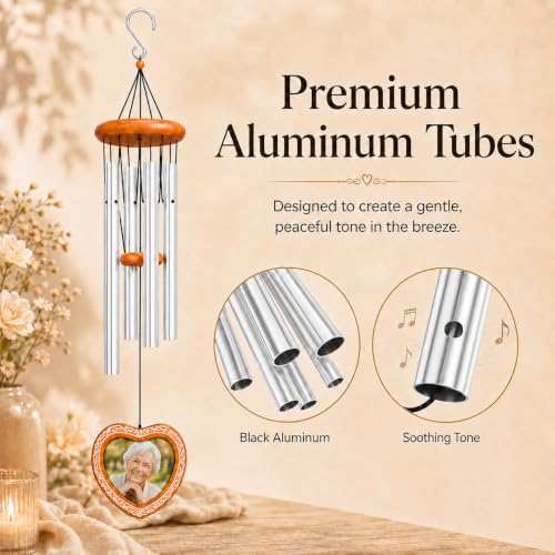 34 Inch Memorial Wind Chimes for Outside, Wooden Photo Frame Heart Pendant - color: Silver