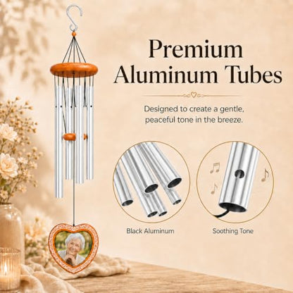 34 Inch Memorial Wind Chimes for Outside, Wooden Photo Frame Heart Pendant - color: Silver