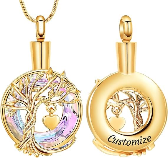 Hearbeingt Teardrop Urn Necklaces for Ashes Tree of Life Memorial Locket - color: Teardrop Tree-Customize