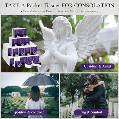 100 Packs Funeral Facial Tissues Memorial Keepsake Pocket Tissue Those We Love Don't Go Away Inspirational Poem Tissue 3 Ply Napkin Packs Funeral Favor for Guests Family Relative, 700 Sheets(Purple) - color: Purple