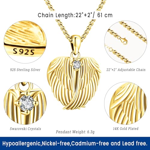 Picture Locket Necklace for Women Men Rose 14K Real Gold 925 Sterling Silver Jewelry Heart Locket Necklace that Holds Pictures Tree of Life Viking Wolf Celtic Knot St Christopher St Michael Pendant - color: G-Heart Wing Locket-K gold-plated