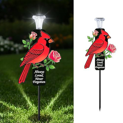 Solar Cardinal Memorial Stakes for Graves - Metal Cemetery Decorations with LED Light, Sympathy Gift for Loss of Father Dad, Mom, Grandma, Garden Grave Markers - style: Red Cardinal