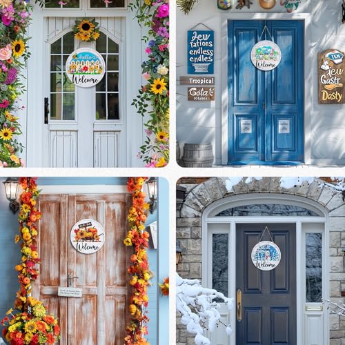Interchangeable Welcome Sign for Front Door, Slot-in Design | 13Pcs Solid Wood Seasonal Decor, 12-inch Round Sign, for Porch, Entryway