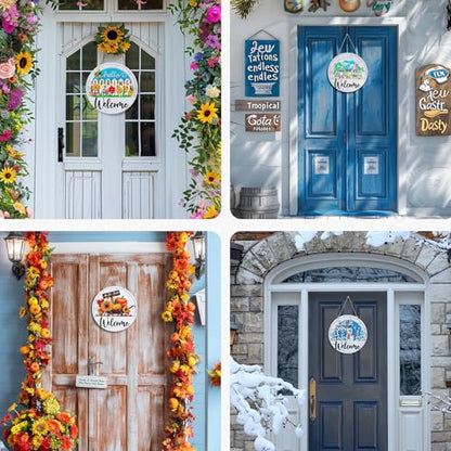 Interchangeable Welcome Sign for Front Door, Slot-in Design | 13Pcs Solid Wood Seasonal Decor, 12-inch Round Sign, for Porch, Entryway