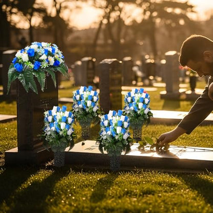 Giegxin 5 Set Artificial Cemetery Flowers for Grave, Headstone Flower Saddle Gravesite Decoration Roses Memorial Bouquets with Vase for Cemetery Decorations Non-Fading Easy Fit(Blue and White)