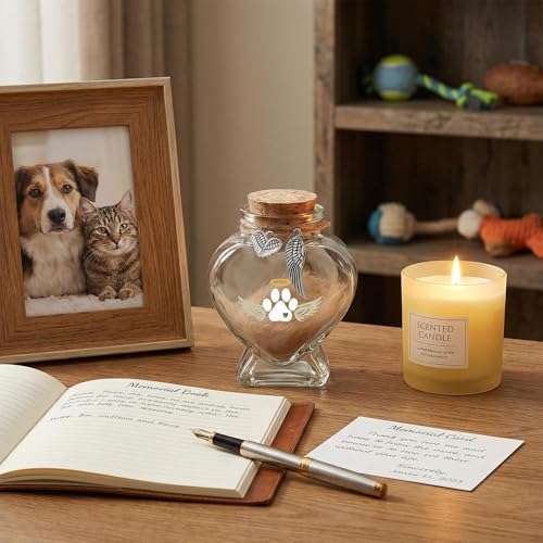Pet Memorial Bottle for Dog or Cat Hair,Fur Keepsake for Pet Loss | Heart-Shaped Glass Memorial Keepsake for Pet Hair, Cat Memorial Gift with Sympathy Card, Dog Fur Keepsake, Pet Memorial Urn
