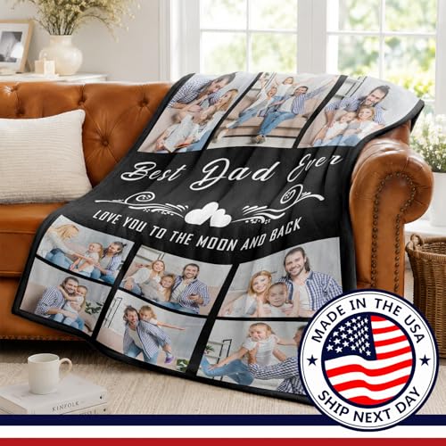 Fathers Day Birthday Gift for Dad Custom Blanket with 9 Photo & Text, Personalized Blankets with Picture to My Dad, HD Printing Customized Flannel Throw Blanket Gifts for Best Daddy Grandpa Ever - color: Dad-1