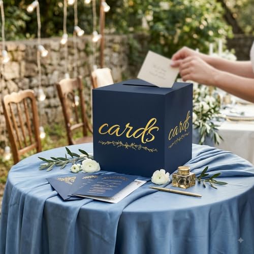 Navy Blue and Gold Card Box for Party Graduation Baby Bridal Shower Birthday Funeral 7.8 x 7.8 x 7.8 In Gift Card Holder Wedding Card Boxes for Reception Raffle Voting Ballot Box with Slot - color: BlueGoldF