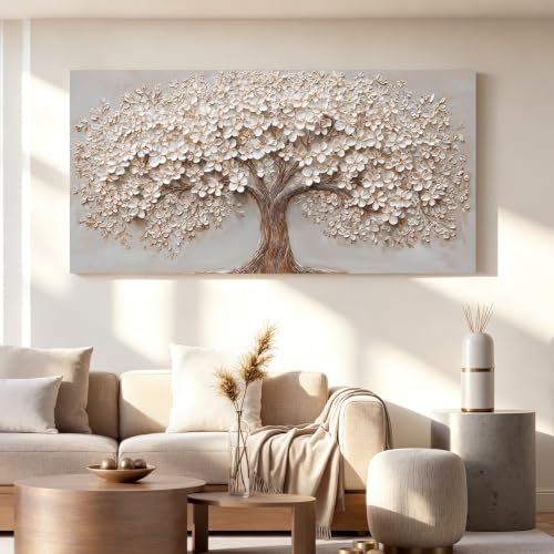 Canvas Wall Art Decor Prints Modern Botanical Wall Art Pictures for Living Room Canvas Art Wall Decor Tree of Life Wall Art Decor White Flower Wall Art Prints Artwork for Walls Bedroom Office Decor 20" X 40" - color: White Browm, size: 40"L x 20"W