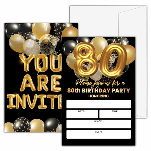 80th Birthday Invitations - Black & Gold Party Invitations (20 Invites With 20 Envelopes) - Gold Balloon Theme - style: 80th