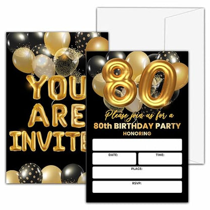 80th Birthday Invitations - Black & Gold Party Invitations (20 Invites With 20 Envelopes) - Gold Balloon Theme - style: 80th