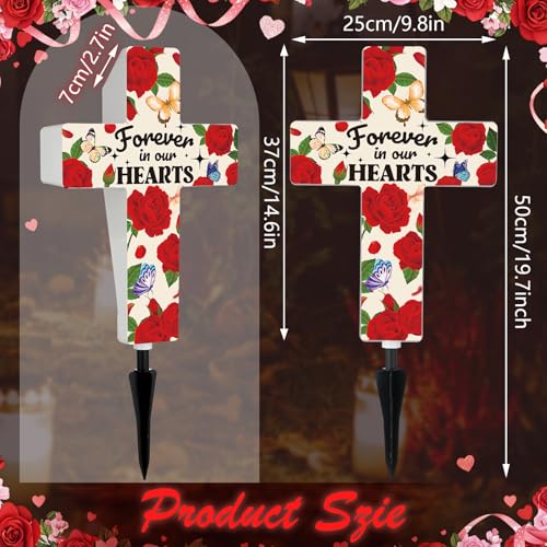 Qunclay Solar Cross Grave Lights Women Grave Decorations with Red Rose Flowers Waterproof Memorial Cross Stake Solar Powered Light Outdoor Yard Patio Sympathy Gifts for Loss of Loved One