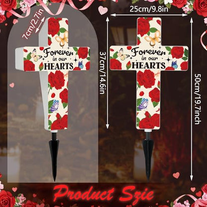 Qunclay Solar Cross Grave Lights Women Grave Decorations with Red Rose Flowers Waterproof Memorial Cross Stake Solar Powered Light Outdoor Yard Patio Sympathy Gifts for Loss of Loved One