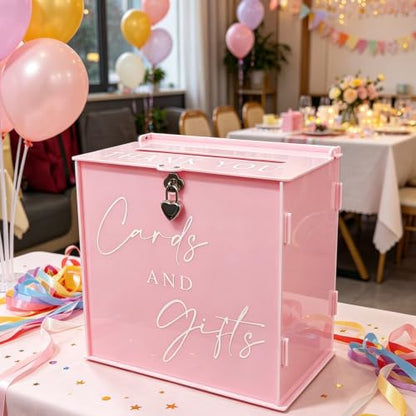 Acrylic Card Box with Lock & Slot, Macaron Pink Money Gift Card Box for Baby Shower Reception, Cash Envelope Box for Quinceanera Graduation Bridal Shower Wedding & Anniversary Party Supplies - color: Macaron Pink