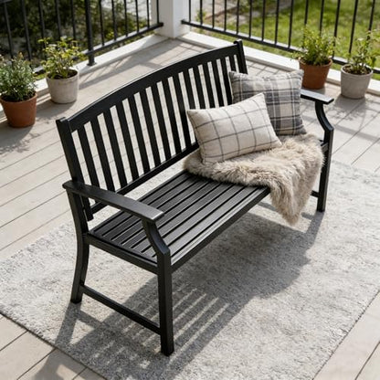Grand patio 52" Farmhouse Outdoor Bench with Armrest, Black & Gold | Anti-rust Aluminum Frame, Faux Wood Grain Finish, for Front Porch, Yard, Park, Garden - color: Black & Gold
