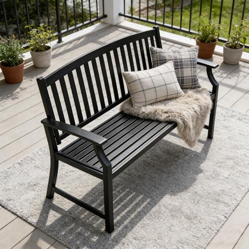 Grand patio 52" Farmhouse Outdoor Bench with Armrest, Black & Gold | Anti-rust Aluminum Frame, Faux Wood Grain Finish, for Front Porch, Yard, Park, Garden - color: Black & Gold