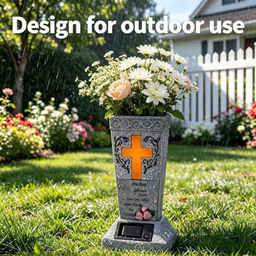 HUYIENO Solar Cemetery Vase for Grave Decor Cemetery Decor Waterproof Memorial Fresh or Artificial Flowers Holder with Warm Cross Light Sympathy Gifts for Loss of Loved One - style: Cross