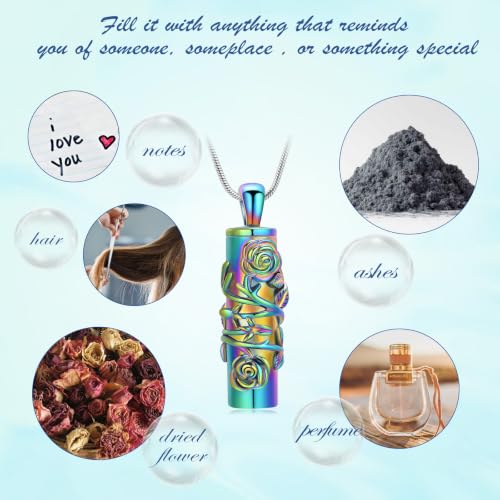 Cylinder Urn Necklace for Ashes Roseflower Cremation Jewelry Urn Ashes Necklace for Women Men Memorial Keepsake Necklace of Loved One - color: Rainbow