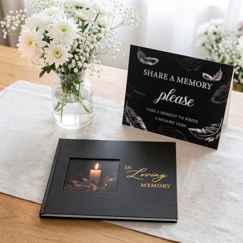 Funeral Guest Book, in Loving Memory Sign in Book with Photo Slot | 330 Entries, Table Sign Card Included, Gold Stamping, Twill-Textured Paper Cover, Celebration of Life Keepsake, 9x7.5", Black - color: Black-i