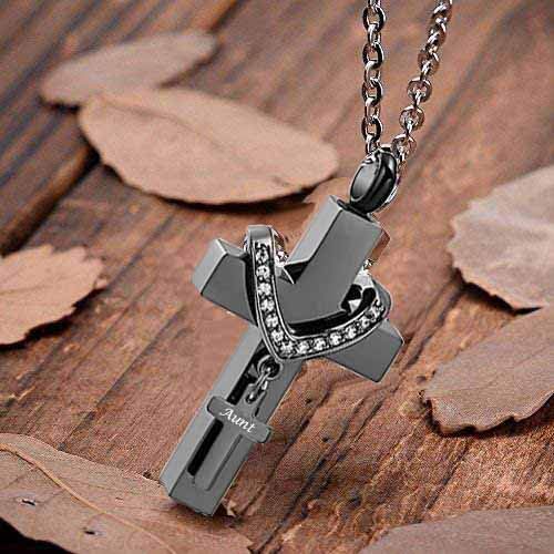 Black Cross Urn Necklaces for Ashes Cremation Crucifix Keepsake Memorial Pendant Necklace - style: Aunt