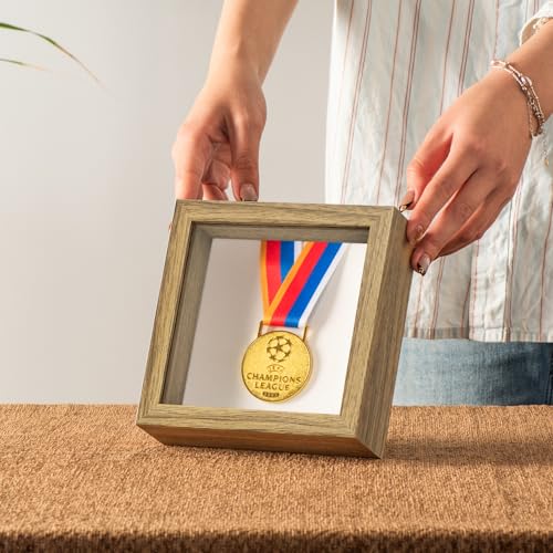 5x5 Small Shadow Box Frame with Ultra-Clear Glass & Soft Linen Back | With Push Pins, Deep 1.2" Brown Shadow Box Display Case – Display on Tabletop or Wall for Insect, Photo, Flower, Keepsakes - color: Brown+high Definition Panel + Shatter-proof Packaging