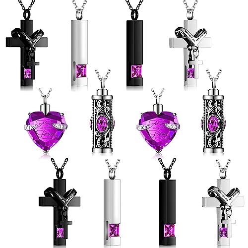 12 Pcs Urn Necklace for Ashes Bulk Cremation Cross Heart Cubic Jewelry Stainless Steel Memorial Locket for Men Women - color: Purple