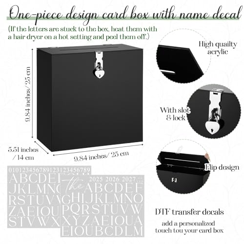 Novabright 10 Inches Wedding Acrylic Card Box with Slot Lock and Last Name Transfers Money Box for Bridal Shower Wedding, Baby Shower Birthday Party, No Assembly Needed(Black,Classic Style) - color: Black, style: Classic Style