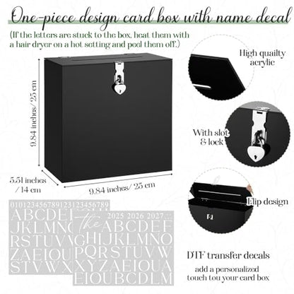 Novabright 10 Inches Wedding Acrylic Card Box with Slot Lock and Last Name Transfers Money Box for Bridal Shower Wedding, Baby Shower Birthday Party, No Assembly Needed(Black,Classic Style) - color: Black, style: Classic Style