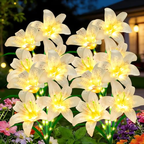 Solar Lights Outdoor, Gift For Women Mom Grandma Wife Daughter Friends, 4 Pack 16 Solar White Lily Flower Lights, Solar Flower Light Waterproof, Outside Decor Stake Light for Landscape Yard Patio Lawn - style: Solar White Lily