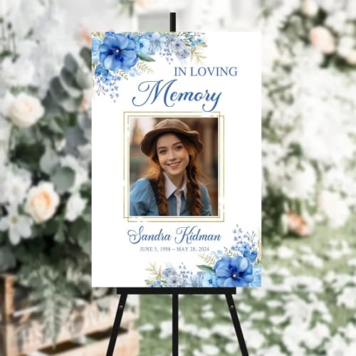 Personalized Photo Funeral Sign - Celebration Of Life Ideas - In Loving Memory Sign - Celebration Of Life Banner - Large Funeral Sign - Funeral Program - Blue Flower Funeral Welcome Sign - Celebration Of Life Poster - Memory Signs For Funeral - color: Mul