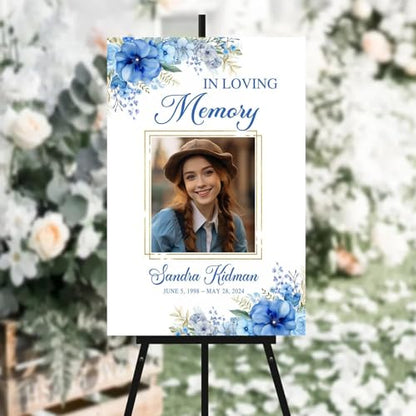 Personalized Photo Funeral Sign - Celebration Of Life Ideas - In Loving Memory Sign - Celebration Of Life Banner - Large Funeral Sign - Funeral Program - Blue Flower Funeral Welcome Sign - Celebration Of Life Poster - Memory Signs For Funeral - color: Mul
