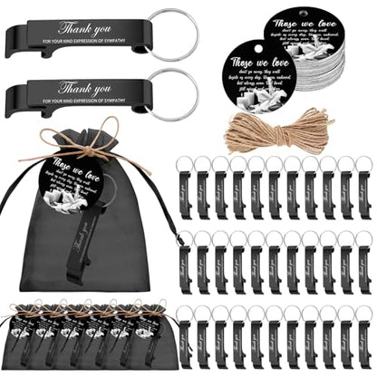 Sawysine 50 Sets Funeral Favors for Guests, Celebration of Life Favors Black Bottle Opener Keychains Funeral Prayer Cards Organza Bags Guests Thank You Gifts for Memorial Party Supplies
