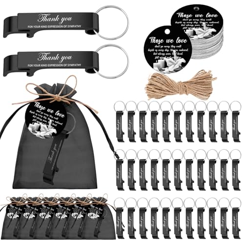 Sawysine 50 Sets Funeral Favors for Guests, Celebration of Life Favors Black Bottle Opener Keychains Funeral Prayer Cards Organza Bags Guests Thank You Gifts for Memorial Party Supplies