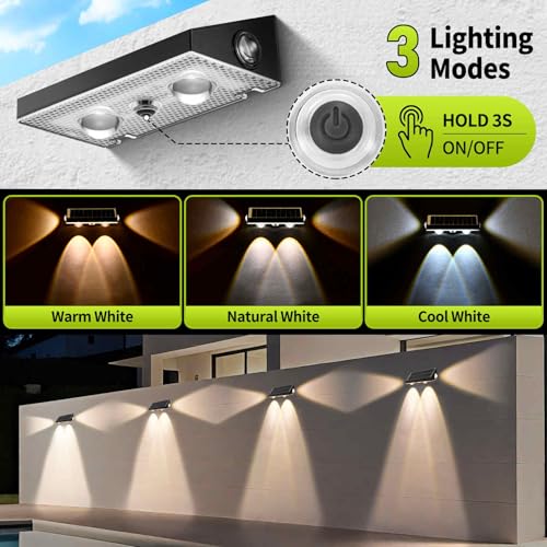 6 Pack 3-Way Solar Fence Lights Outdoor Warm White Cool White | 3-way Solar Deck Lights, Fence Light, 3CCT, IP65 Waterproof, for Outside Stairs Backyard