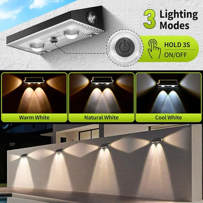 6 Pack 3-Way Solar Fence Lights Outdoor Warm White Cool White | 3-way Solar Deck Lights, Fence Light, 3CCT, IP65 Waterproof, for Outside Stairs Backyard