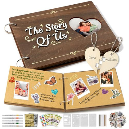 CY2SIDE Couples Photo Album Scrapbook - 111PCS The Story of Us Wooden Scrapbook Craft Kit with Heart Puzzle Brown Paper Sticker and Template for DIY, Romantic Anniversary Dating Gift for Him Her - style: Couple