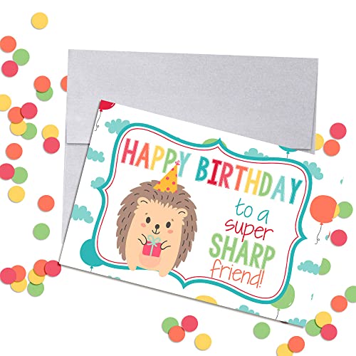 Super Sharp Friend Hedgehog Birthday Pun Themed Single (1) All Occasion Blank Birthday Card To Send To Friends & Family, 4"x 6" (when folded) Fill In Greeting Note Card by AmandaCreation - style: Super Sharp Friend Hedgehog