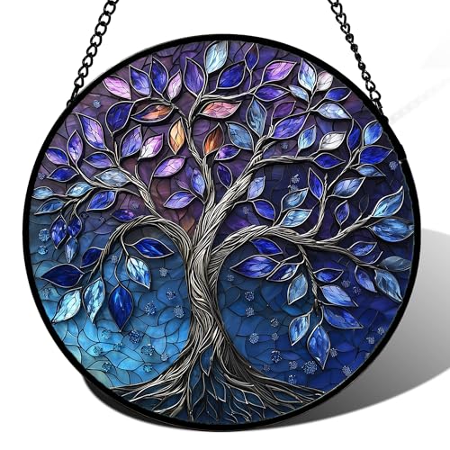 DASTOLL Stained Glass Window Hanging, Blue Purple Tree of Life Sun Catchers Colorful Glass Panel Plants Suncatcher Decor for Birthday for Women,Men,Wife, Lovers, and Mom 14.9x14.9 in - color: Blue Purple, size: 14.9x14.9 IN