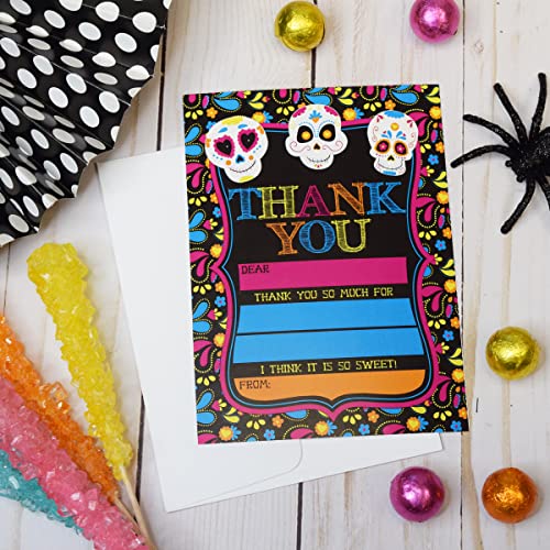 Sugar Skull Day of The Dead, Dia De Los Muertos, Colorful Halloween Thank You Notes for Kids, Ten 4" x 5.5" Fill In The Blank Cards with 10 White Envelopes by AmandaCreation - style: Sugar Skull Day of The Dead