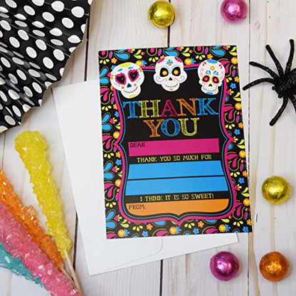 Sugar Skull Day of The Dead, Dia De Los Muertos, Colorful Halloween Thank You Notes for Kids, Ten 4" x 5.5" Fill In The Blank Cards with 10 White Envelopes by AmandaCreation - style: Sugar Skull Day of The Dead