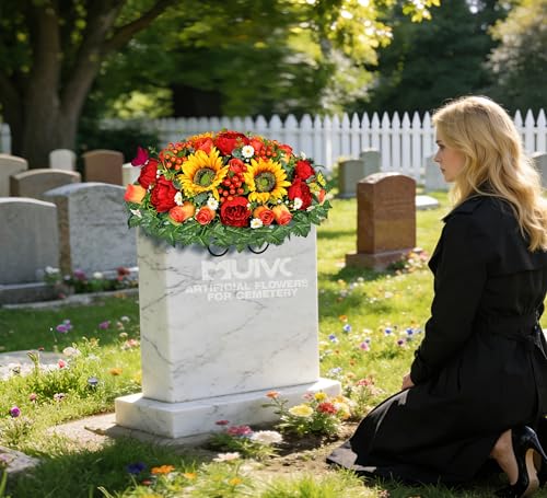 MUVIC Artificial Cemetery Flowers for Outdoor Grave Decorations - Sympathy Headstone Flower Saddle - Realistic Sunflower Rose