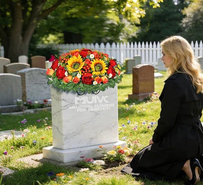MUVIC Artificial Cemetery Flowers for Outdoor Grave Decorations - Sympathy Headstone Flower Saddle - Realistic Sunflower Rose