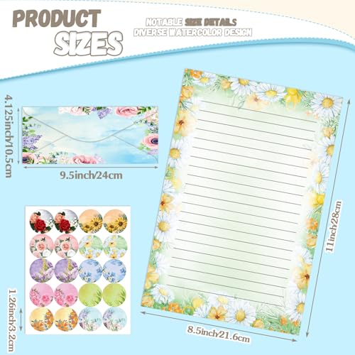 TaoBary 160 Pcs Flower Stationery Paper and Envelopes Set 50 Double Sided Lined Stationery Paper with 50 Matching Envelopes and 60 Round Dot Sticker 8.5 x 11'' Letter Writing Kit, 10design - size: 8.5 x 11 Inch, style: Flower