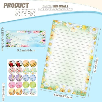 TaoBary 160 Pcs Flower Stationery Paper and Envelopes Set 50 Double Sided Lined Stationery Paper with 50 Matching Envelopes and 60 Round Dot Sticker 8.5 x 11'' Letter Writing Kit, 10design - size: 8.5 x 11 Inch, style: Flower