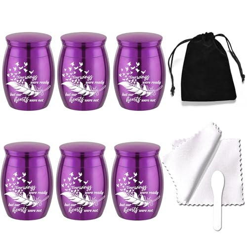 Small Keepsake Urns for Human Ashes - Set of 6 - Share Urn with Family & Friends Mini Cremation Urns with Feather Seagull Pattern Stainless Steel Memorial Ashes Holder (6Pcs Purple Urn)