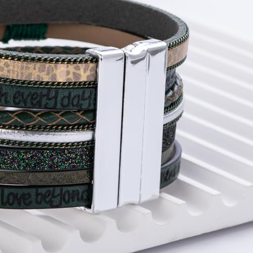 Tree of Life Inspirational Leather Wrap Bracelets Boho Western Cowgirl Cuff - color: Dark Green