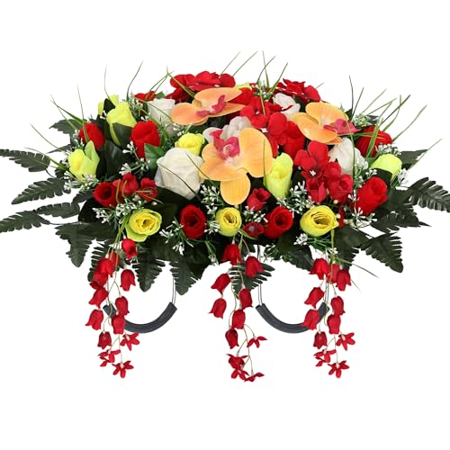 Wocst Large Cemetery Flowers Saddle Artificial Cemetery Flowers for Grave Realistic Silk Roses Memorial Flowers for Outdoor Grave Decoration UV Resistant (Yellow, Saddle) - color: Yellow