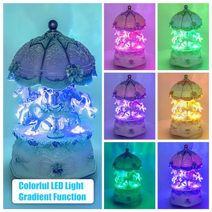 Carousel Music Box,Luxury Color Change LED Light ,Luminous Rotating 3-horse | Luminous Music Box, musical box with Gift Box for Girls Birthday Valentine Gift (Castle in the Sky, Blue) - color: Blue, style: Castle in the Sky