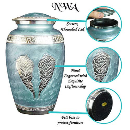 Custom Engraved Angel Wings Funeral Cremation Urn with Matching Keepsake and Velvet Bag (Sky Blue, Large) - color: Sky Blue, size: Large